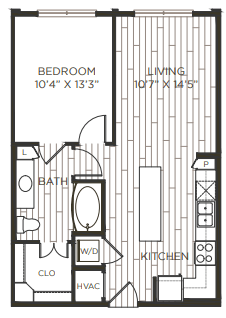 Floor plan for 1 bed, 1 bath, 682 sqft